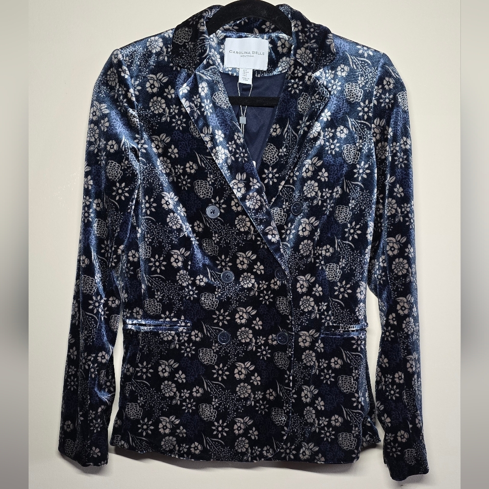 Carolina Belle Navy Floral Velvet Blazer